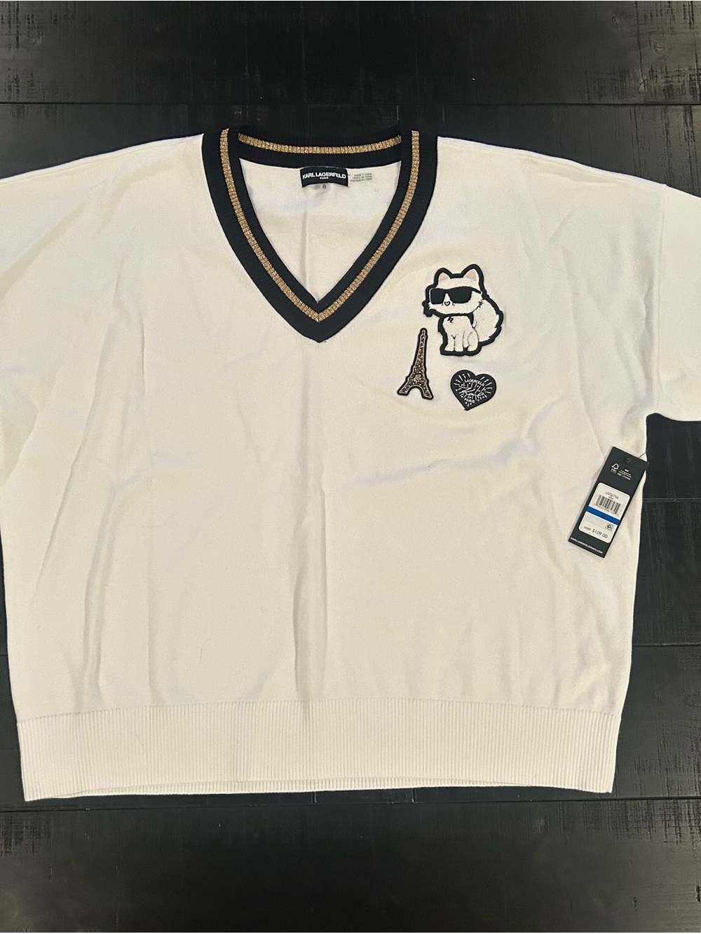 Karl Lagerfeld White V-Neck Sweater with Black & Gold Trim and Cat Patch